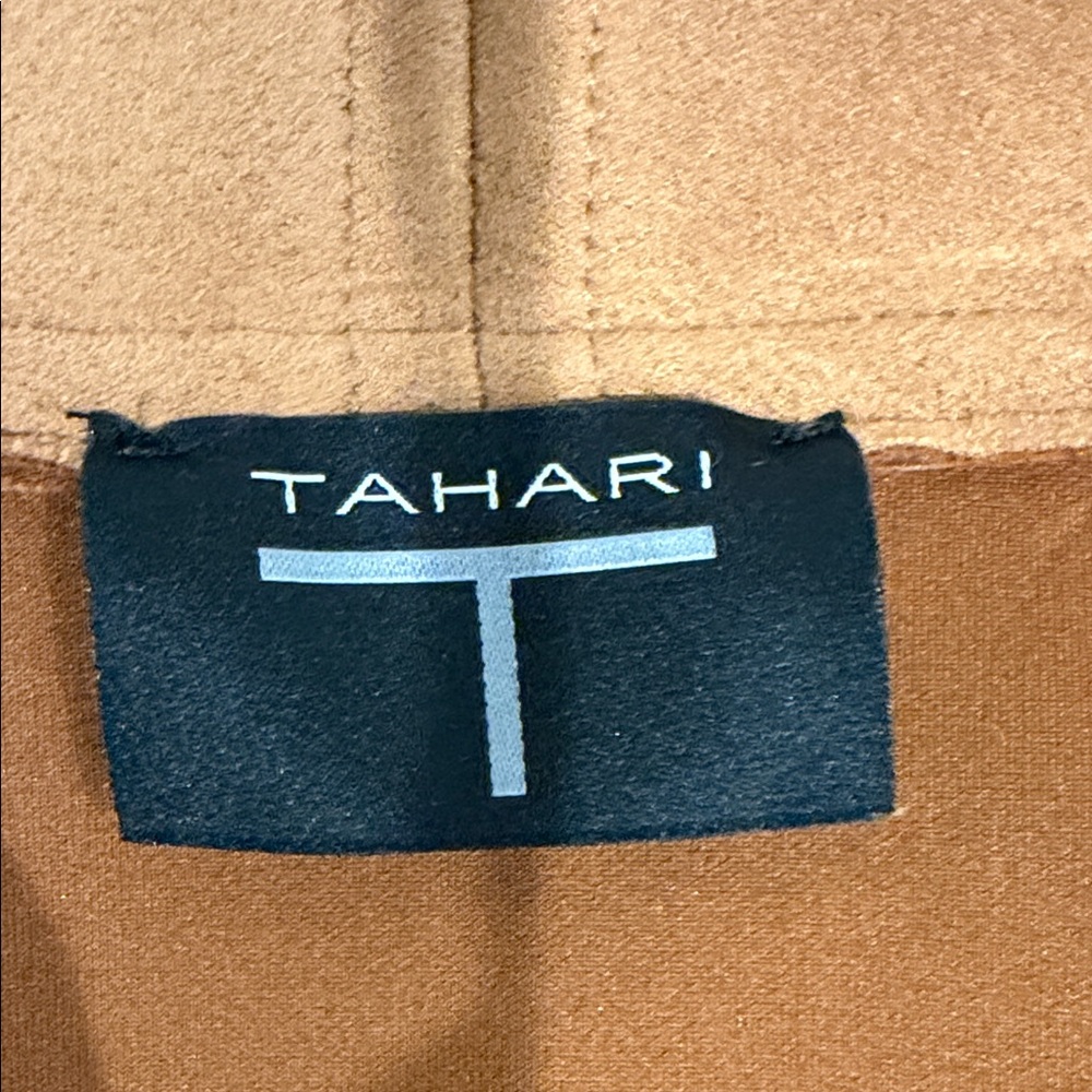 Tahari Camel Faux Suede Draped Moto Jacket Open Front Lightweight Layer Medium - Picture 6 of 8